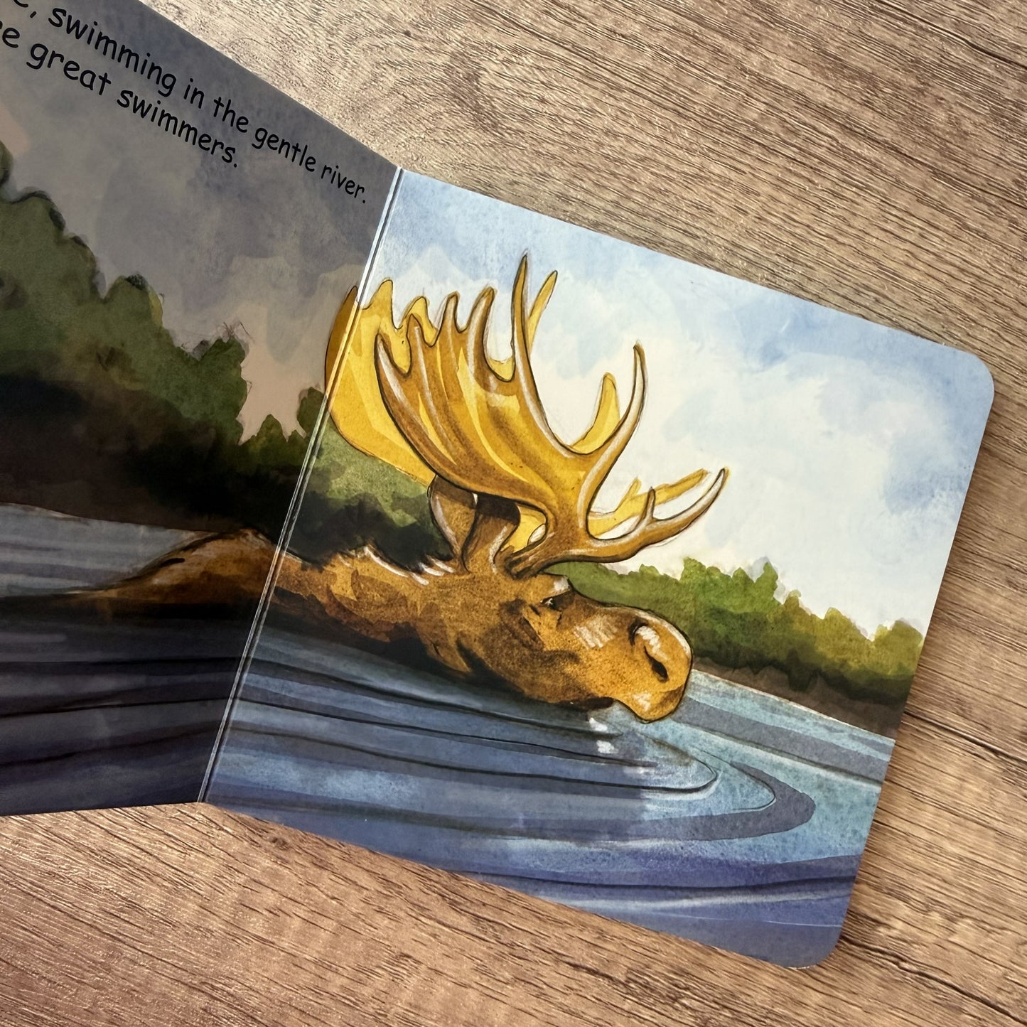 An open children's picture book lying on a wooden surface, showing a painted scene of a moose swimming in a river with the text 'swimming in the gentle river.'.