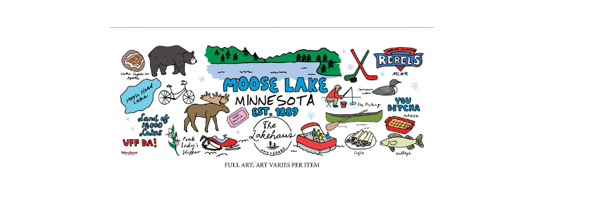 A wide white banner featuring a collection of hand-drawn Minnesota and Lake of the Woods themed illustrations, including a moose, bear, canoe, fishing gear, and text such as 'Moose Lake Minnesota' and 'Kreepels'.