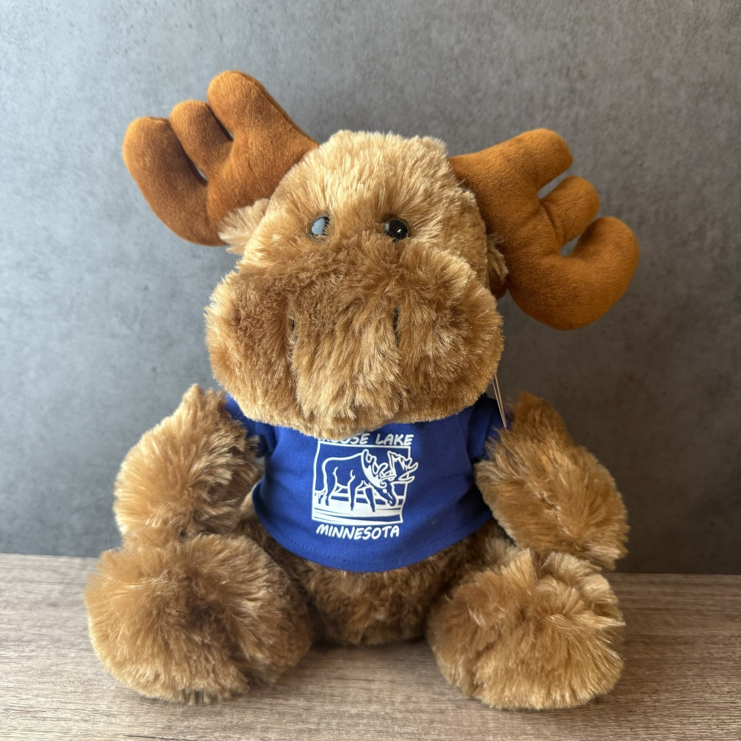 A plush moose toy with brown faux fur, large antlers, and a blue shirt printed with a white 'Hooch Lake Minnesota' graphic, sitting on a wooden surface against a gray wall.
