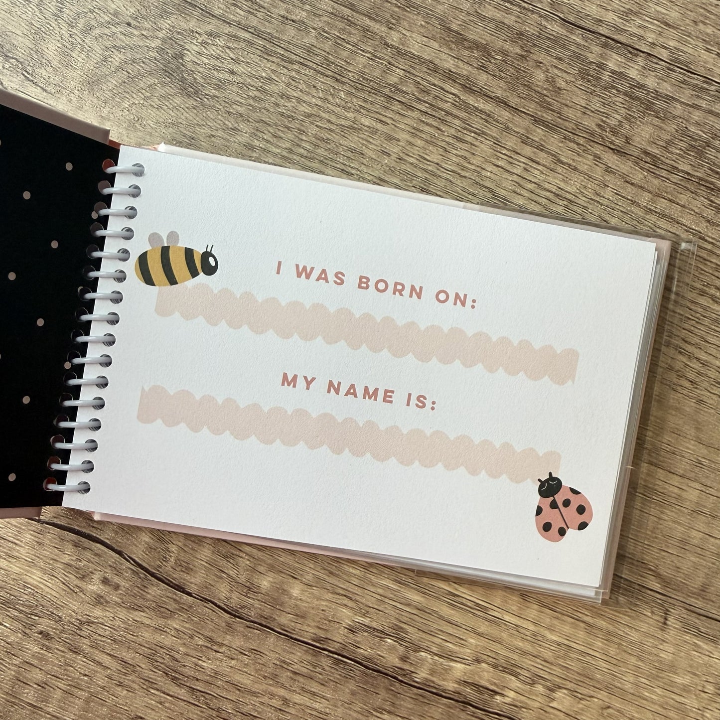 A spiral-bound notebook page laid on a wooden surface, printed with the phrases 'I WAS BORN ON:' and 'MY NAME IS:' with decorative pink wavy lines, plus a bee and ladybug illustration.