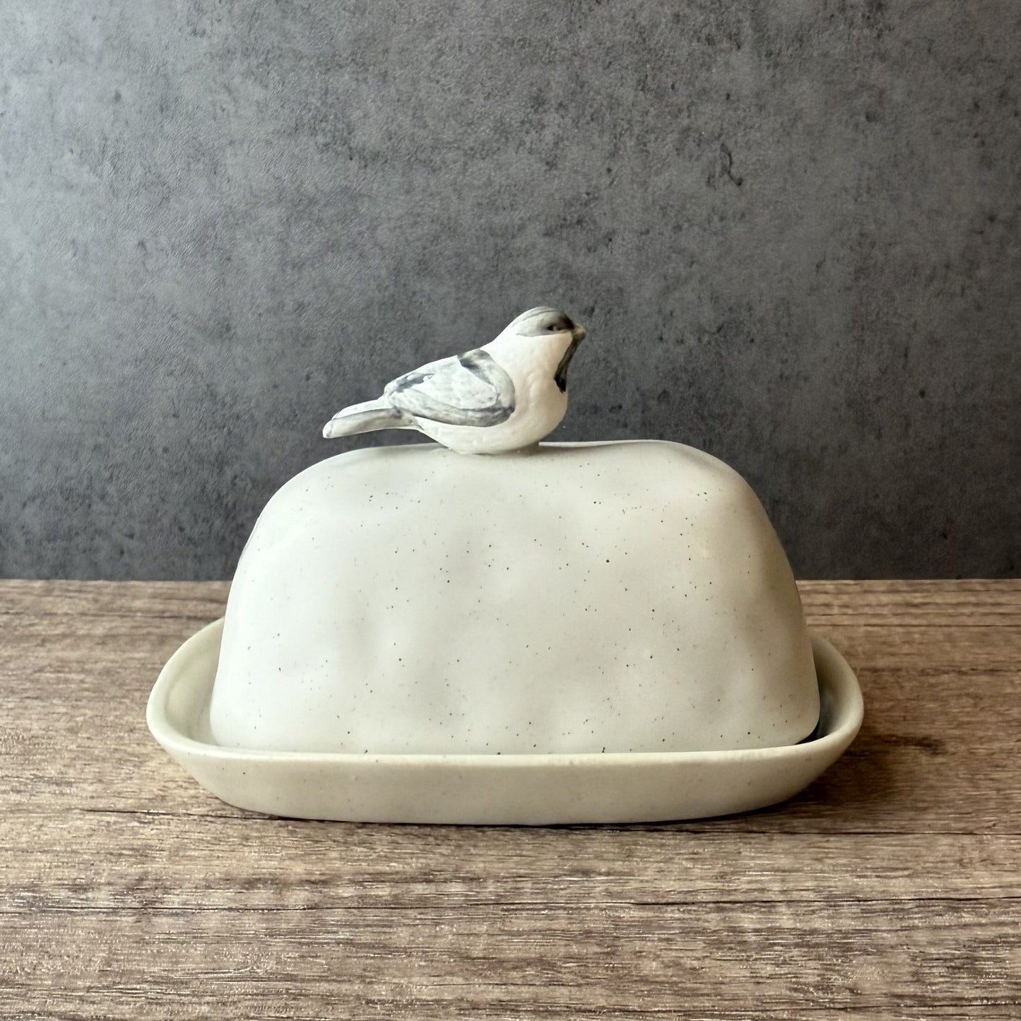 Ceramic butter dish with bird design on a wooden surface and gray background