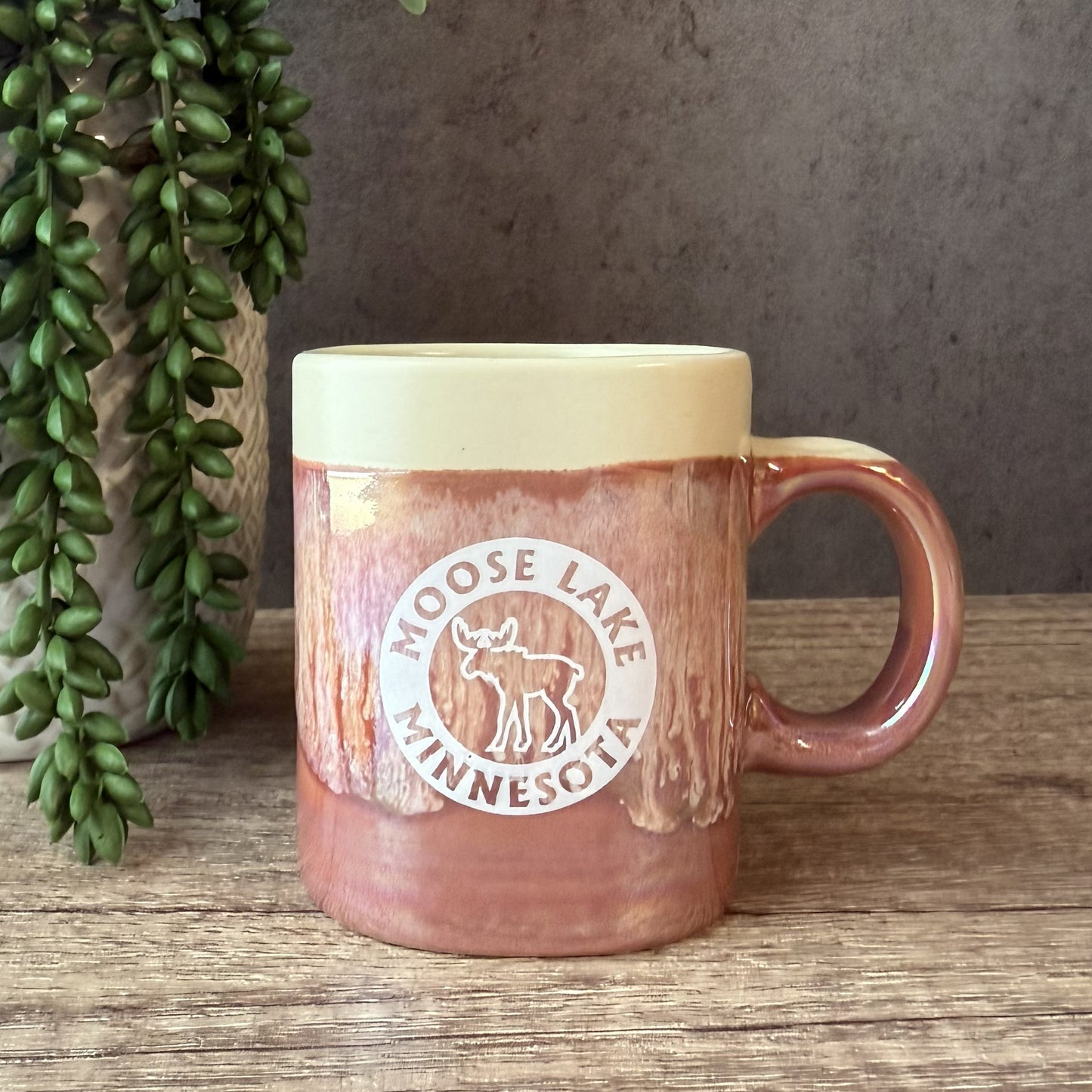 A ceramic mug with a rustic tree-bark style glaze in earthy brown and terracotta tones, featuring a cream-colored top rim and a white circular logo that reads 'MOOSE LAKE MINNESOTA' with a moose graphic. The mug sits on a wooden surface next to a potted green plant against a textured gray wall.