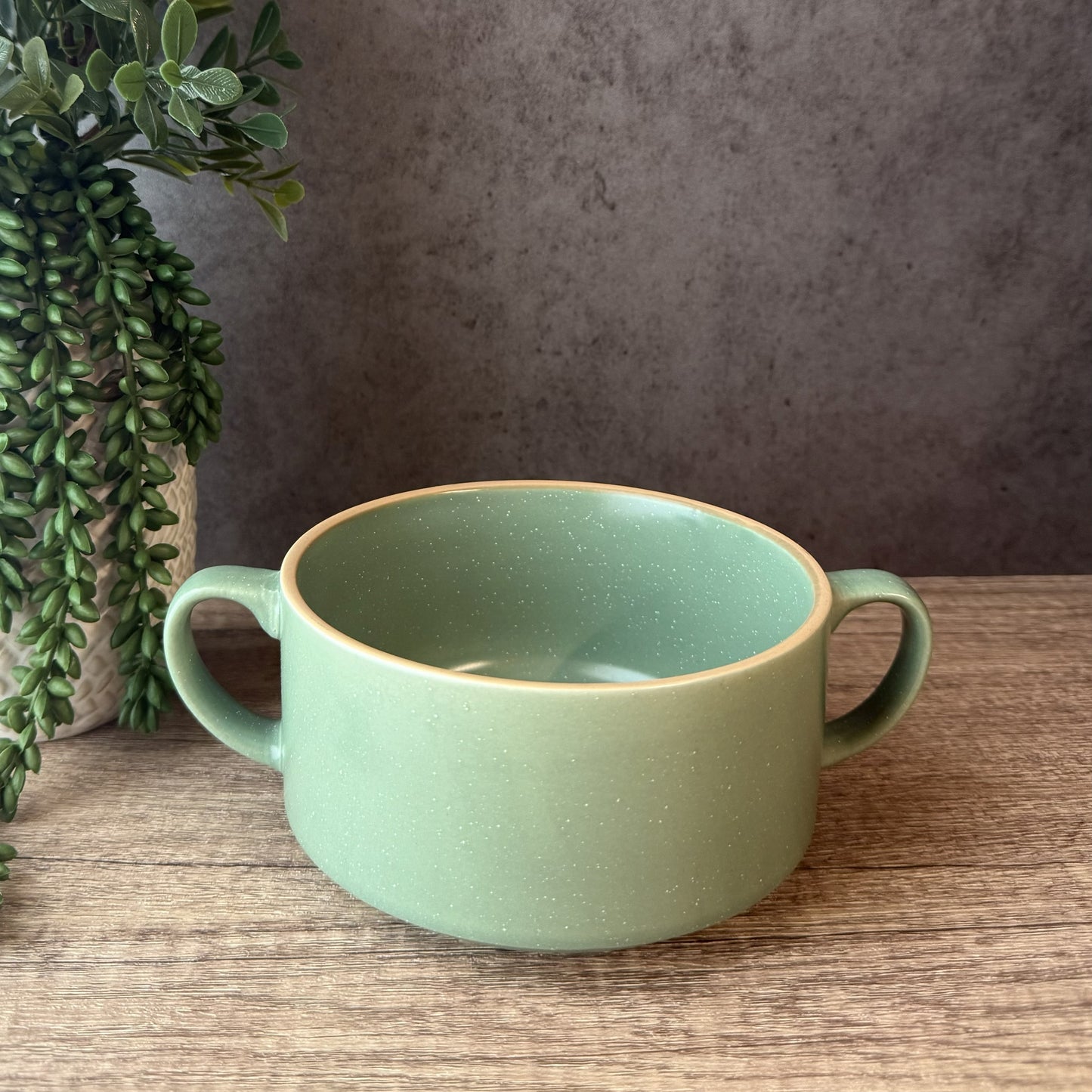 A light green speckled ceramic bowl with two side handles, sitting on a wooden tabletop with a potted trailing plant and a textured gray wall in the background.