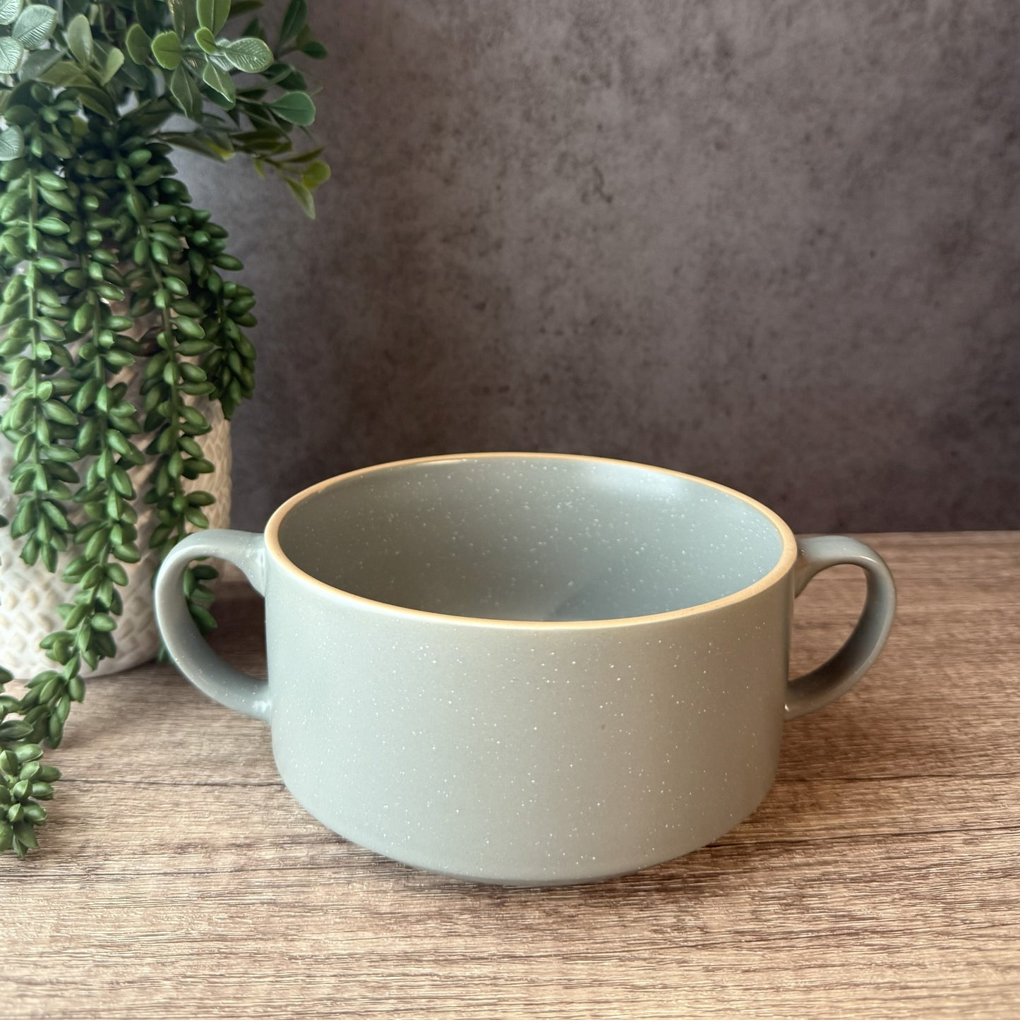 A speckled sage green ceramic bowl with two side handles, sitting on a wooden tabletop next to a potted trailing green plant against a textured gray wall.