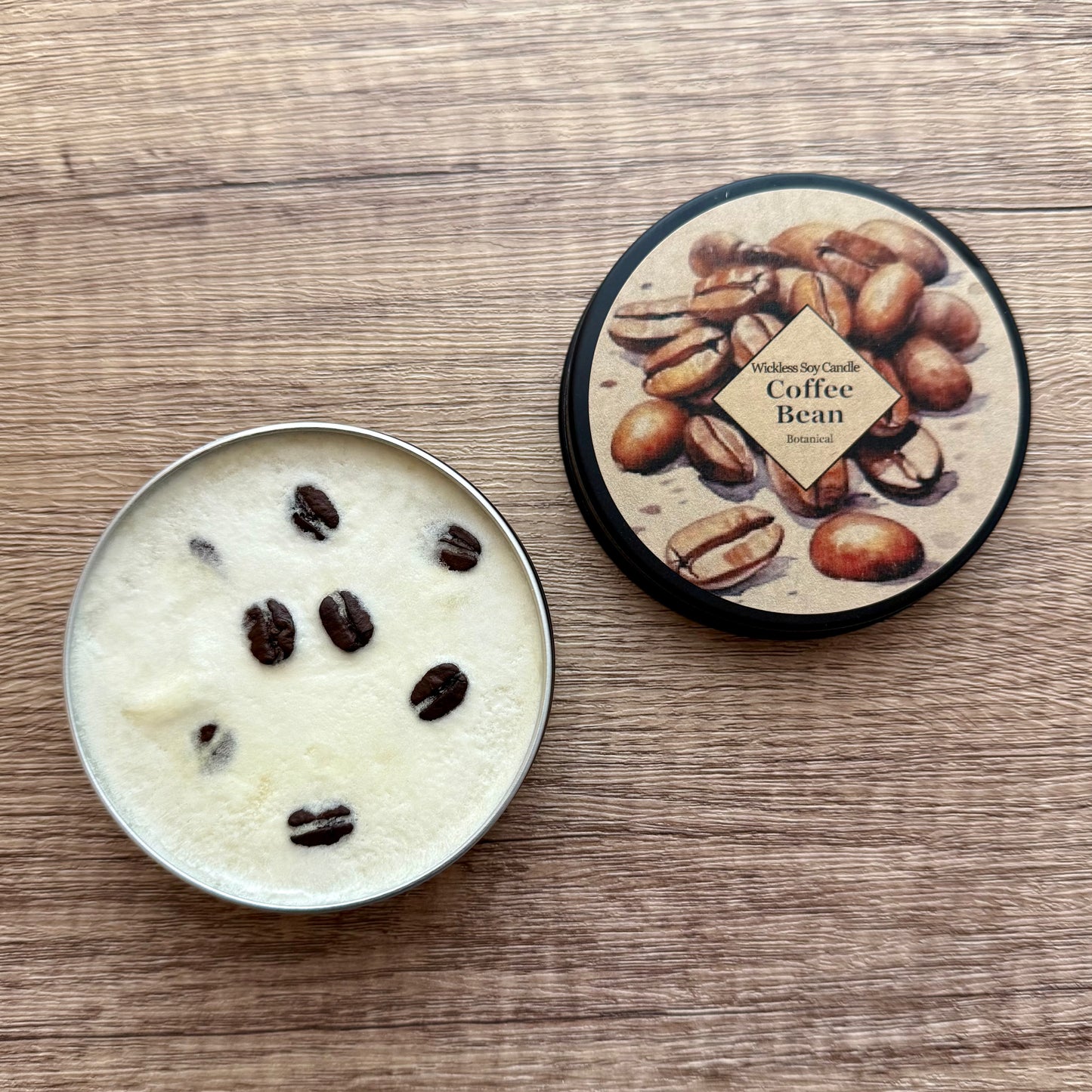 Cosmetic product with coffee beans on a wooden surface